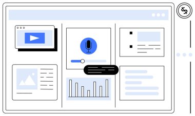 Bir ses komut simgesi, video içeriği, grafikler, metin kartları ve etkileşimli kaydırıcıları gösteren dijital arayüz. Teknoloji, yapay zeka, otomasyon analitik medya organizasyonu UX tasarımı için idealdir. Modern
