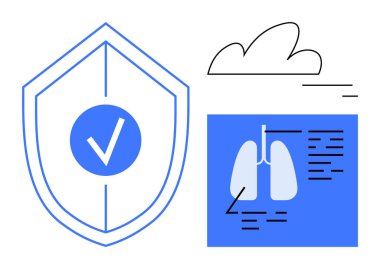 Kontrol işaretli kalkan, akciğer diyagramı ve bulut şekli sağlık, solunum sağlığı, güvenlik, tıbbi araştırma, veri koruması, önleme ve basit iniş sayfasını temsil eder