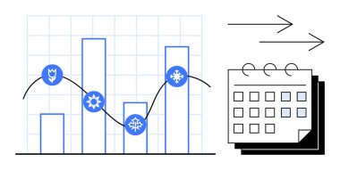 Takvim boyunca mevsimlik simgelerle, moda çizgileriyle ve oklarıyla bar tablosu. Planlama, veri eğilimleri, analiz, tahmin, strateji genel değerlendirmesi için ideal. Basit düz metafor