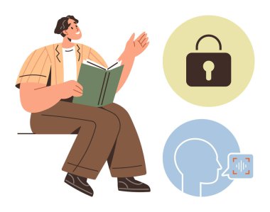 Kitapla oturan kişi, gizlilik simgesini simgeleyen kilit simgesi, konuşma tanıma özelliğine sahip kafa profili. Eğitim, güvenlik, yapay zeka, dijital etik, yenilik öğrenme teknolojisi için idealdir. Basit düz