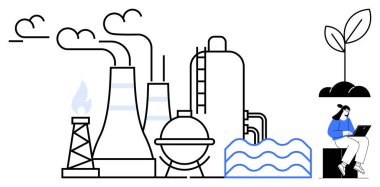 Duman, petrol kuyusu, su, dizüstü bilgisayar ve bitki filizi yayan sanayi tesisleri. Sürdürülebilirlik, sanayi devrimi, yeşil enerji, teknoloji iş ortamı için ideal