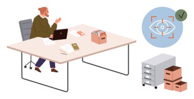 Dosyalarla, depolamayla ve odak simgesiyle çevrili bir masada çalışan kişi. Çalışma, üretkenlik, organizasyon, görev yönetimi, ofis kültürü için ideal, basit düz metafor