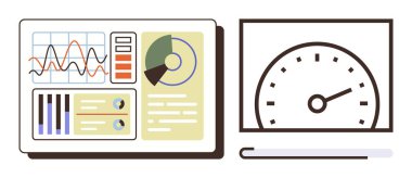 Performans takibi için çizgi grafikleri, bar grafikleri, pasta grafiği ve dairesel hız göstergesi içeren analitik gösterge paneli. Veri görselleştirme, performans ölçümleri, analitik, iş anlayışı için ideal