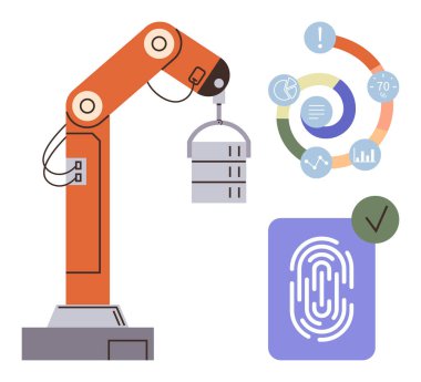 Robotik kol veri sunucusu, çizelgeli dairesel bilgi ve parmak izi güvenliği. Otomasyon, veri yönetimi, yenilik, analitik, siber güvenlik, teknoloji verimliliği için ideal