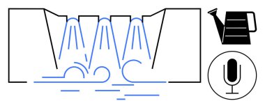 Şelaleli su püskürtüleri, minimalist mikrofon ikonu ve sulama kutusu. İletişim, sulama, yaratıcılık, çevre, ses, sürdürülebilirlik için ideal basit iniş sayfası