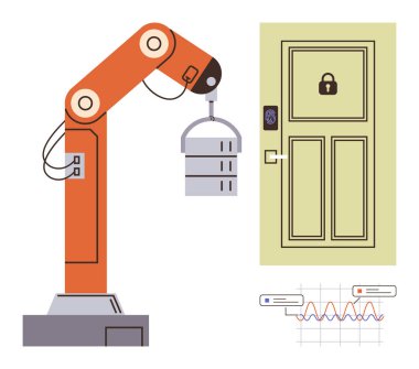 Robot kol kaldırma objesi, kapıya akıllı kilit ve veri grafiği. Otomasyon, robot bilimi, teknoloji, yenilik, yapay zeka güvenlik mühendisliği kavramları için ideal. Basit bir düz metafor için mükemmel.