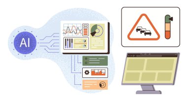 Bilgisayar ekranına bağlı grafikler, grafikler ve trafik uyarı sinyalleriyle yapay zeka işleme sistemi. Teknoloji, veri, otomasyon, ulaşım, yenilik güvenliği ve verimlilik için ideal. Basit.