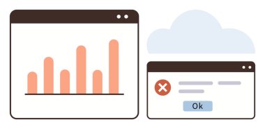 Gösterge panelindeki çubuk grafiği, Ok düğmeli hata mesajı ve bulut grafiği. Veri görselleştirme, analiz, hata işleme, bulut hesaplama, teknoloji, yazılım konuları için ideal basit