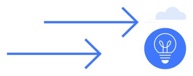 İki mavi ok, arka planda bir bulut olan mavi dairenin içinde parlayan bir ampulü işaret ediyor. Yenilik için ideal, yaratıcılık, ilerleme, teknoloji, iş, strateji, basit iniş sayfası