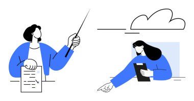 Belgeyi elinde tutan ve sopayla işaret eden, tabletle el kol hareketi yapan biri. Takım çalışması, işbirliği, liderlik, sunum, eğitim, strateji, basit iniş sayfası için ideal