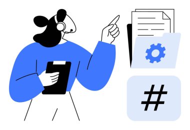 Dosyalara ve dijital ayarlara bakan bir kulaklığı olan, elinde bir pano tutan biri. Çalışma akışı, takım çalışması, dijital işbirliği, destek, dosya yönetimi, organizasyon, basit iniş sayfası için ideal