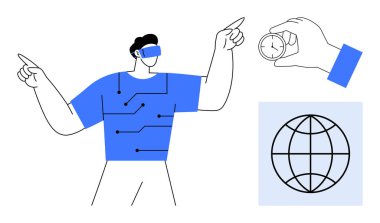 Tişörtünde devre çizgileri olan VR kulaklık takan, pusula tutan, çerçeveli bir adam. Teknoloji için ideal, sanal gerçeklik, yenilik, navigasyon, küresel bağlantı, gelecekteki trendler basit düz