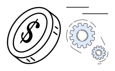 Birbirine bağlı viteslerin yanında dolar işareti olan büyük bir sikke. Finans, ekonomi, iş stratejisi, yatırım, gelir, işletme verimliliği ve yenilik için ideal. Basit düz metafor