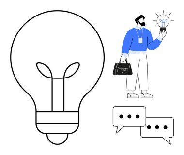 Elinde evrak çantasıyla parlayan ampulü tutan bir iş adamı, yeniliği simgeliyor. Komşu konuşma baloncukları diyaloğu gösteriyor. Takım çalışması, yaratıcılık, fikir, iş, iletişim için ideal