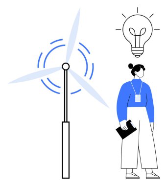 Dinamik hareket çizgileri olan rüzgar türbini, elinde pano olan bir kadın, tepesinde parlayan bir ampul. Yenilenebilir enerji, sürdürülebilirlik, yenilik, teknoloji, çevre bilinci, yeşil