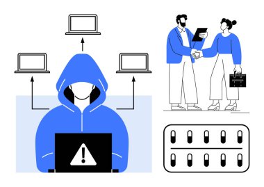 Uyarı dizüstü bilgisayarı olan kapüşonlu bir bilgisayar korsanı, birbiriyle bağlantılı dört dizüstü bilgisayar, iş ortaklarının el sıkışması ve sunucu şebekesi. Siber güvenlik, çevrimiçi tehditler, teknoloji, veri paylaşımı, takım çalışması için ideal