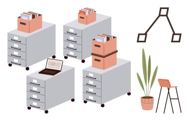 Dosya dolapları, dizüstü bilgisayarlar, kitaplar ve bitki ve tabure içeren dekorlar. Çalışma alanı üretkenliği, ofis yönetimi, dosya organizasyonu, dijital iş akışı, iç tasarım minimalisti için ideal