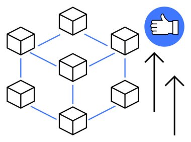 Ağ oluşturan çizgilerle bağlanan bloklar, onay veren başparmaklar ve ilerleme ve büyümeyi gösteren yukarı doğru oklar. Teknoloji, engelleme zinciri, veri, güven, yenilik ve onay için ideal
