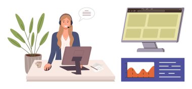 Masasında kulaklığı olan bilgisayar kullanan kadın müşteri destek ajanı. Bitki, ekran, gösterge paneli verileri. Uzaktan çalışma, çağrı merkezi, çevrimiçi hizmet, analiz, müşteri hizmetleri kurumu için ideal