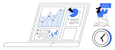 Laptop ekranında veri grafikleri, grafikleri ve metinleri, dizüstü bilgisayarla kodlanan kişi, analog saat var. Teknoloji, analitik, üretkenlik, zaman yönetimi yazılım geliştirme dijital için ideal