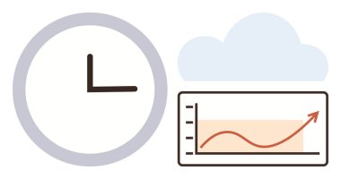 Saat, bulut ve yükselen büyüme grafiği zaman verimliliği, bulut hesaplaması ve performans eğilimlerini temsil etmektedir. İş analizleri, verimlilik, bulut teknolojisi, zaman izleme tahminleri için ideal