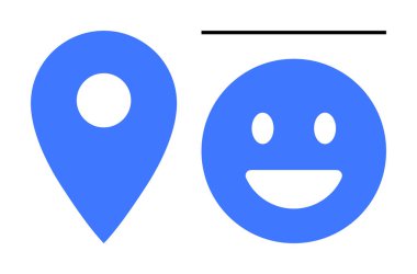 Mavi lokasyon iğnesi ve gülümseyen yüz simgesi soyut çizgiler ve şekillerle birleştirilmiş. Navigasyon, mutluluk, pozitiflik, konum tabanlı hizmetler, minimal tasarım fikirleri, modern markalaşma, basit markalaşma için ideal