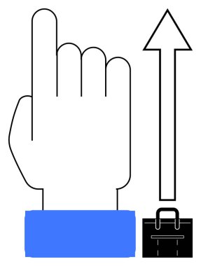 Dikey bir ok ve ilerlemeyi, mesleki gelişimi, hırsı ve başarıyı simgeleyen bir evrak çantasıyla yukarı doğru el hareketi. Kariyer, motivasyon, hedefler, liderlik ve iş için ideal