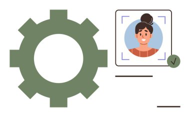 Yüz tanıma sistemi ve tik işaretli çark ve kullanıcı profili resmi. Kimlik doğrulama, sistem kurulumu, kullanıcı güvenliği, kimlik doğrulama, teknoloji, otomasyon için ideal