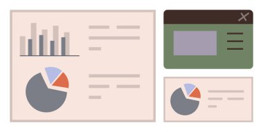 Grafik çubuğu, iki pasta tablosu, metin panelleri ve yeşil açılır pencere. Veri sunumu için ideal, analitik, raporlar, iş stratejisi, gösterge paneli tasarımı basit düz metafor