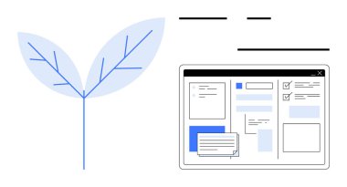 Soyut yaprağın yanında pencerelerle dijital arayüz ve sohbet kutuları, yenilik, büyüme ve sürdürülebilirliği sembolize ediyor. Teknoloji, çevre, üretkenlik, çevre dostu tasarım, yazılım için ideal