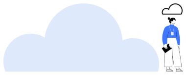 Büyük bulut ve elinde pano tutan bir kadın. Bulut hesaplama, veri depolama, takım çalışması, teknoloji, yenilik, analiz, bağlantı, basit düz metafor temaları