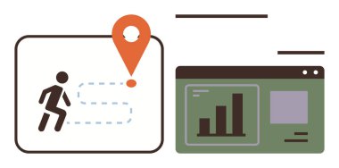 Analitik gösterge paneli ve çubuk grafiğiyle birlikte hedef işaretleyiciye giden noktalı yolu izleyen kişi. Navigasyon, performans takibi, planlama, kullanıcı davranışı, hedef belirleme, yol bulma için ideal