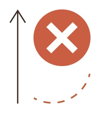 Çemberde kalın kırmızı haç, dikey ok, ve kesikli yol, hareket, başarısızlık, strateji, ya da yön değiştirme. Karar verme, engeller, kılavuz navigasyon düzeltmesi için ideal