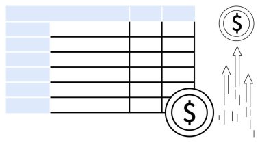 Yükselen dolar sembolleri ve yukarı doğru okların eşlik ettiği sıralı ve sütunlu çizelgeler. Finans, yatırım, veri analizi, işletme yönetimi, ekonomik strateji, karlılık ve piyasa için ideal