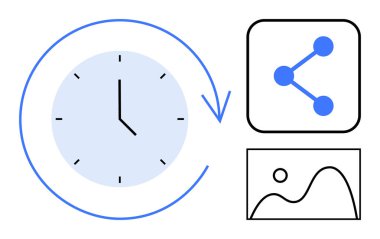 Dairesel oklu saat, ağ düğümü diyagramı ve resim yer tutucu. Zaman yönetimi, bağlantı, hafıza koruma, iş akışı, iletişim, organizasyon için ideal basit iniş sayfası