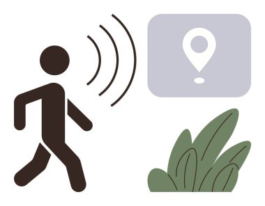 Yürürken, sinyal dalgaları yayarken bir konum iğnesi ve bitki elementlerinin yanında. Navigasyon, konum belirleme, teknoloji, seyahat, açık hava aktivitesi, iletişim keşfi için ideal. Basit düz