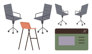 Ergonomik ofis sandalyeleri, ince bacaklı modern turuncu tabure ve soyut online arayüz kavramı. İş yeri tasarımı, UI, mobilya kataloğu, birlikte çalışma, teknoloji anlayışı, modern kurulum için ideal