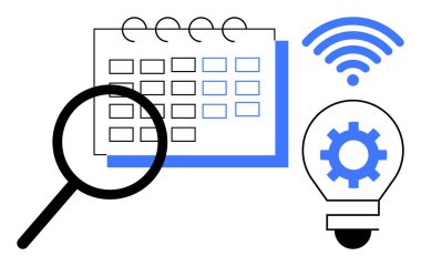 Takvim üzerindeki büyüteç, kablosuz sembol, ampulün içindeki teçhizat analiz, planlama, teknoloji ve verimliliği simgeliyor. Üretkenlik, yenilik, iş akışı araştırma teknolojisi için ideal