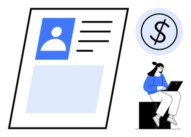 Profilli özgeçmiş, dizüstü bilgisayarda kullanıcı ve parasal simgeye odaklan. İşe alım, işe alım, maaş, kariyer büyümesi, iş arama finans verimliliği için ideal. Basit düz metafor