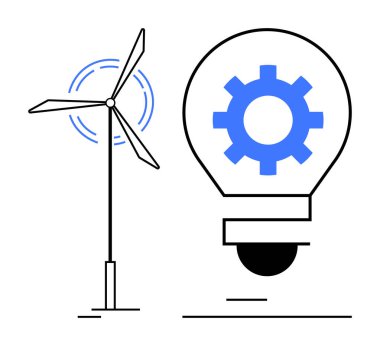 Rüzgar türbini minimalist dişli ampulle enerji üretiyor. Yeniliği simgeliyor. Sürdürülebilirlik, yenilenebilir kaynaklar, temiz enerji, çevre dostu teknoloji, yeşil çözümler için ideal