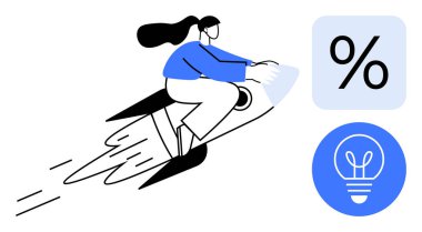 Roketteki kadın karakter, finans, fikirler ve yaratıcılık için yüzde ve ampul simgeleriyle birlikte ilerlemeyi sembolize eder. Yenilik, büyüme, finans, girişimcilik, girişim, başarı için ideal