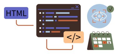 Kodlama arayüzü, HTML modülü, göz izleme simgesi ve işaretli takvim programlamayı, kalite güvencesini, UX tasarımı, üretkenlik takibi, planlama ve iş akışını simgeliyor.