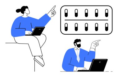 İki kişi bir hap tablosunu incelerken dizüstü bilgisayar kullanıyor ve seçenekleri işaret ediyor. Sağlık hizmetleri, takım çalışması, ilaç kararları, tıbbi danışma, işbirliği, hasta bakımı ve uzaktan kontrol için ideal