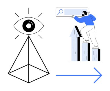 Göz piramidinin tepesinde, yükselen bar tablosu üzerinde araştırma yapan kişi ilerlemeyi ve içgörüyü sembolize eden ileri ok. Yenilik, analiz, vizyon, ilerleme, iş büyümesi, keşif modernizasyonu için ideal