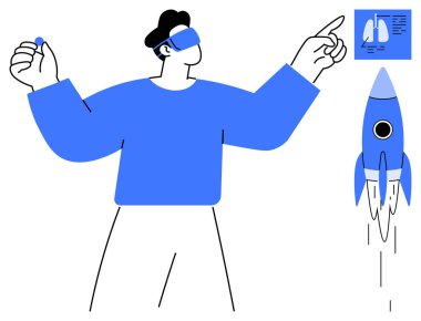 VR kulaklık takan kişi gelecekteki dijital arayüz ve roket modeliyle etkileşimde. Teknolojik gelişmeler, uzay keşfi, eğitim, sağlık, yenilik, sanal deneyimler için ideal