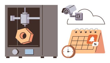 3D yazıcı bir nesne yaratıyor, güvenlik kamerası izleme, hatırlatıcı takvim ve dijital saat tasarımı. Teknoloji, yenilik, bulut, üretkenlik, güvenlik takvimi zamanı için ideal