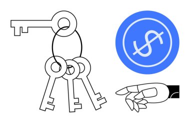 Bir dizi anahtara ve bir dolar işareti ikonuna uzanan resimli el, fırsat kavramlarını, mali kontrol, başarı, zenginlik, erişim, karar verme mekanizması ve iş büyümesini temsil ediyor. İdeal