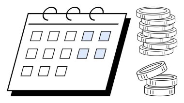 Vurgulanmış tarihler ve programlamayı, bütçeyi, tasarruf takibini, hedef belirleme, zaman yönetimi, yatırım planlamasını, mali stratejiyi sembolize eden madeni para yığınlarıyla dolu bir takvim. Temiz düz metafor