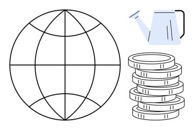 Birbirine bağlı çizgilerle dolu bir dünya, zenginliği sembolize eden bozuk paralar, ve beslemek için bir sulama kutusu. Finans, sürdürülebilirlik, yatırım, küresel kalkınma, büyüme ve yenilik için ideal
