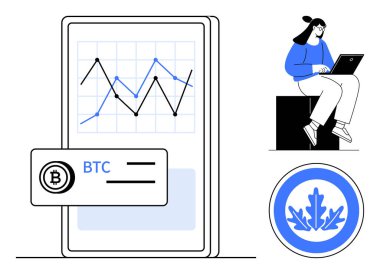 Geniş akıllı telefon pazar grafiği ve BTC cüzdan kartını görüntüler. Kadın profesyonel dizüstü bilgisayarla çalışıyor. Logo dijital para birimini vurguluyor. Fintech, ticaret, engelleme zinciri, uzak çalışma için ideal